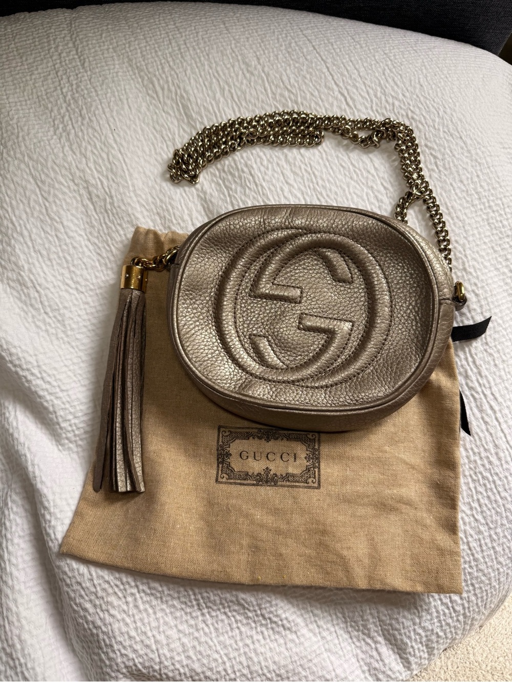 Gucci Metallic Pewter Soho Disco Crossbody with Tassel